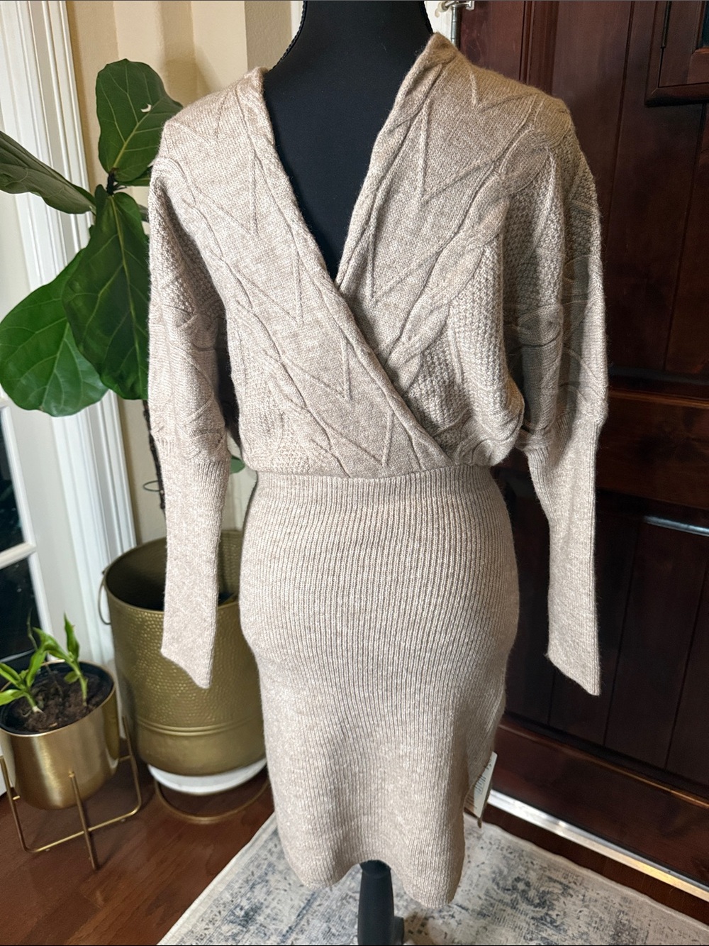 Cupshe Beige Cable-Knit Wrap Sweater Dress - Picture 5 of 9
